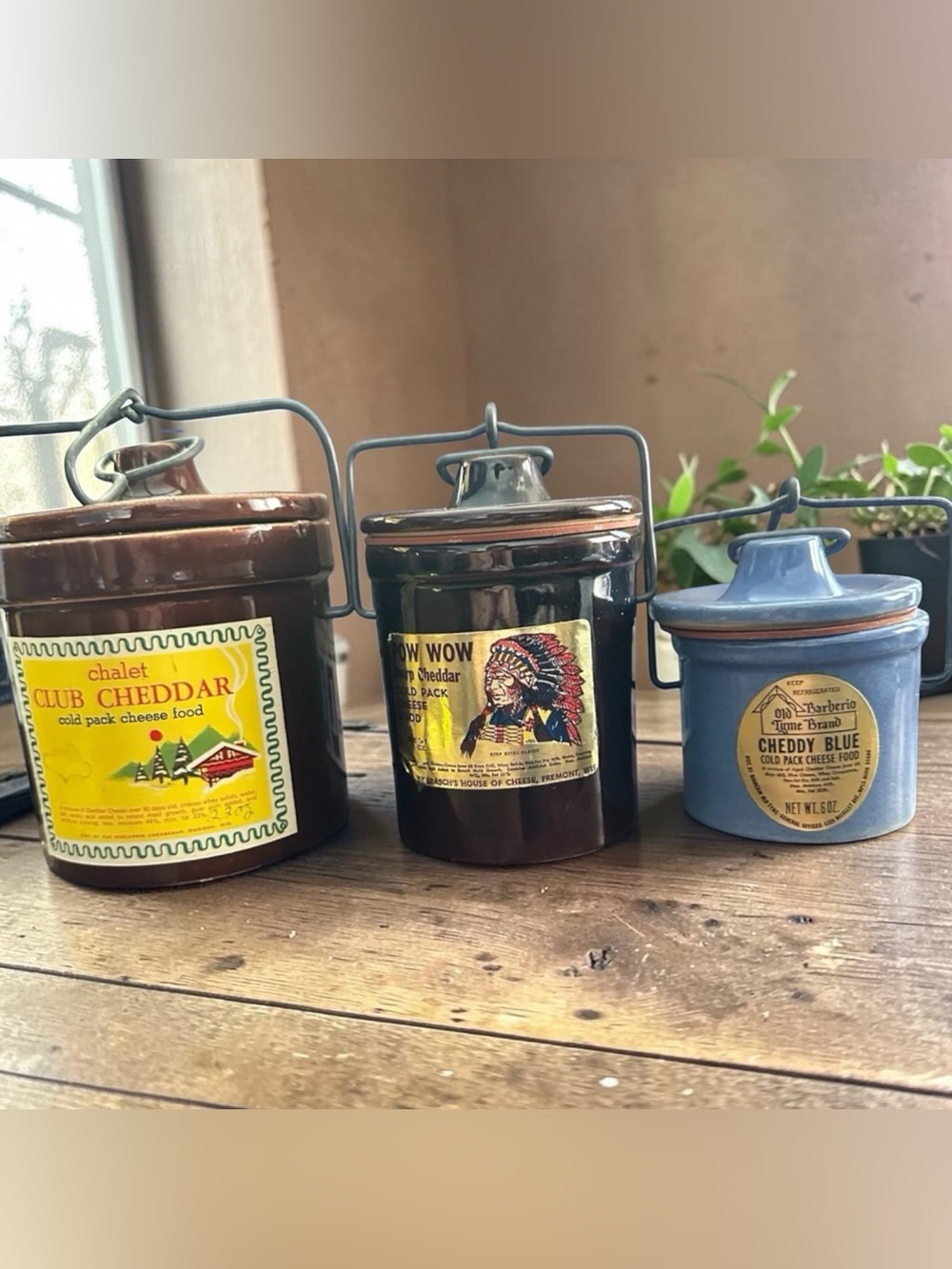 Vintage Wisconsin Cheese Crocks Set of 3 Stoneware Wire Bail Lids Mid Century
